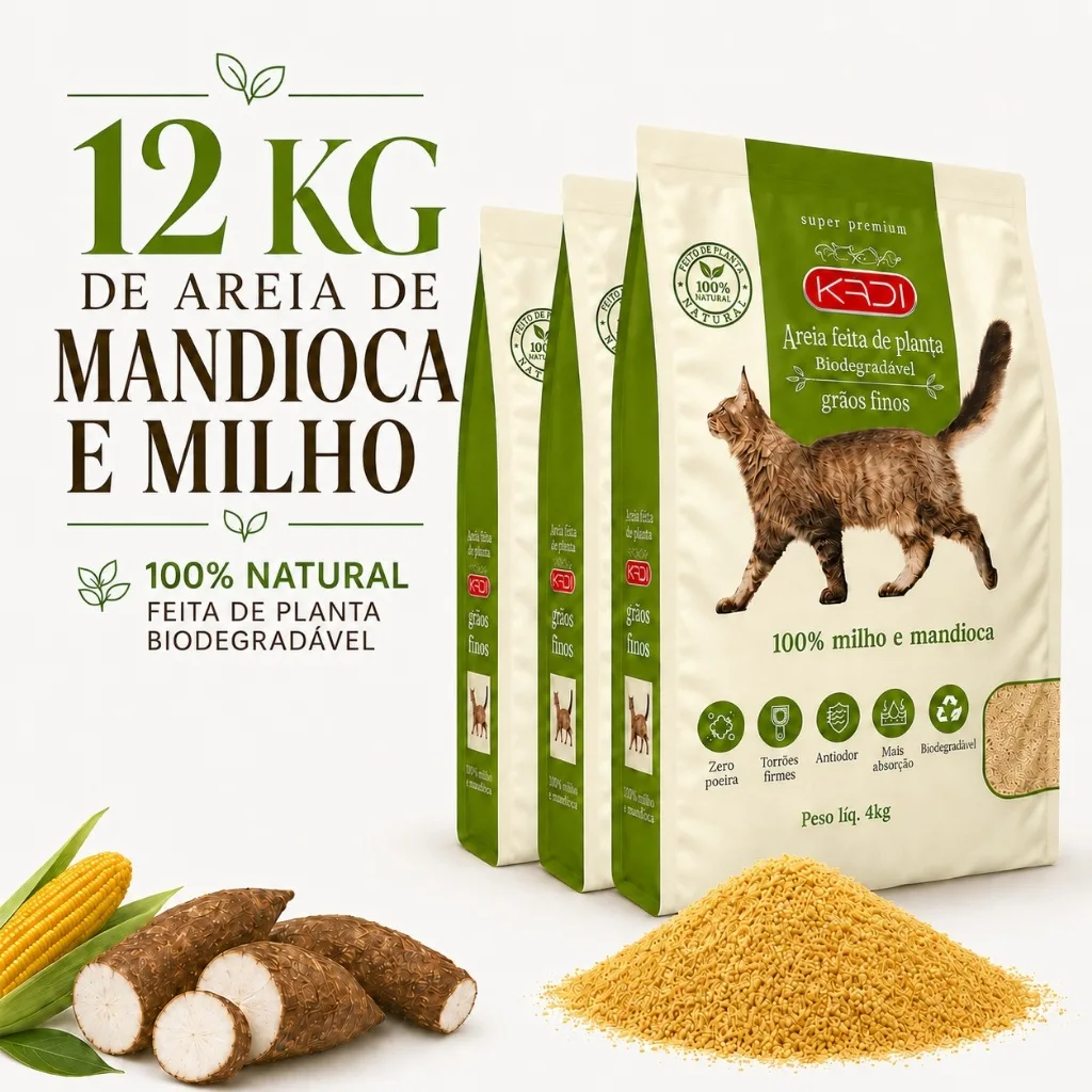 Areia Higiênica Natural Biodegradável de Grãos Finos de Milho e Mandioca para Gatos Kadi 12 kg