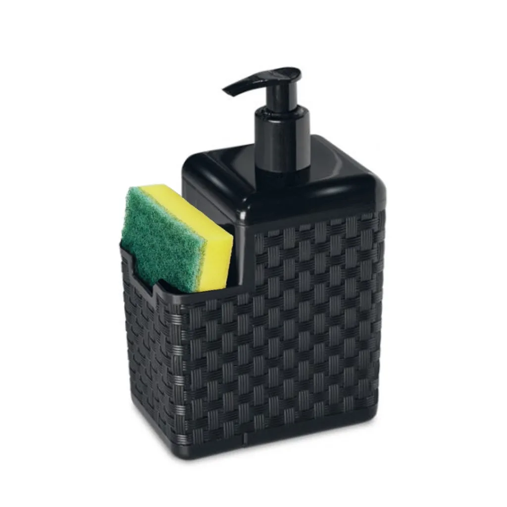 Dispenser Porta Detergente Preto Rattan Esponja Bucha Para Pia Cozinha Louça Evita Desperdício