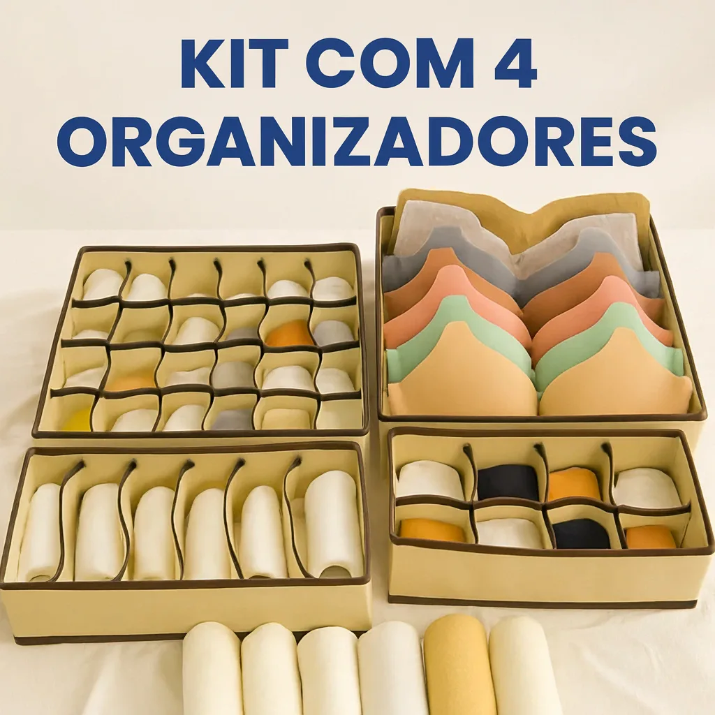 Kit 4 Organizadores Gavetas Caixa Compartimentos Ajustavel Bege Organizacao Praticidade