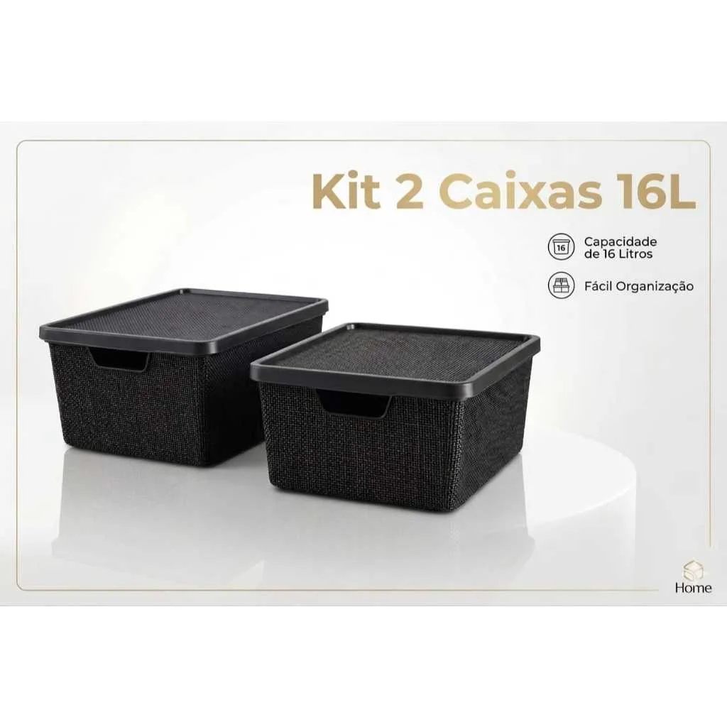 Kit Caixa Organizadora Jutta Preto 16L com Tampa Cesto Organizador Multiuso Resistente Empilhável