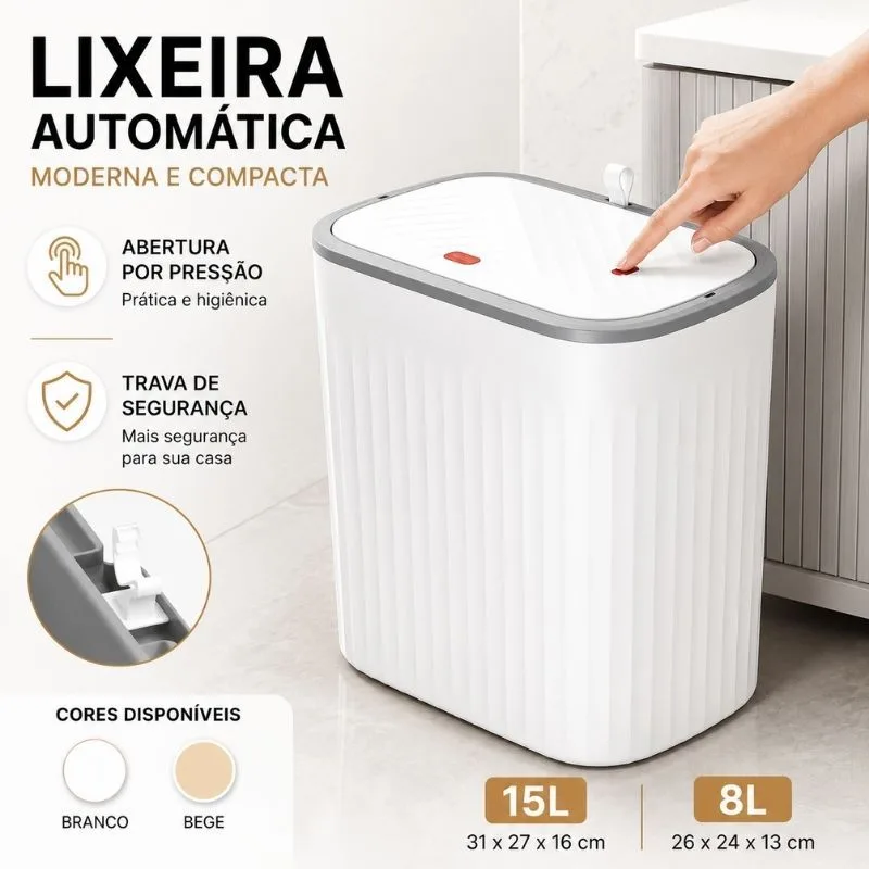 Lixeira Retrátil 15L 8L Tampa Click Antiodor Compacta para Banheiro Cozinha Quarto Branca Bege