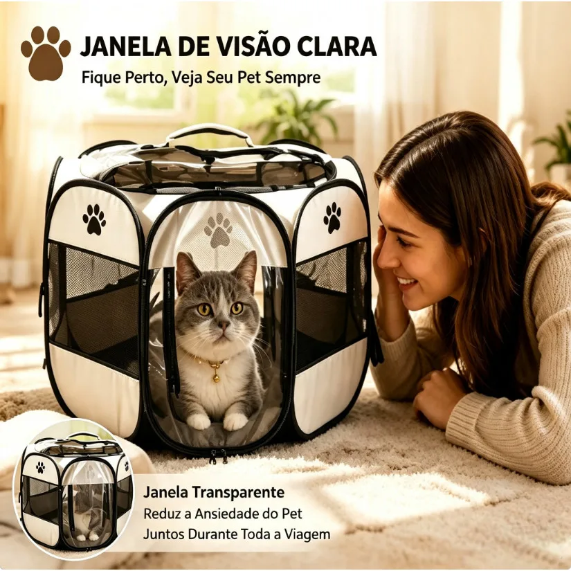 Playpen Tenda Octogonal para Pet Médio Cinza Dobrável Malha Transparente Respirável para Gato Cão Viagem