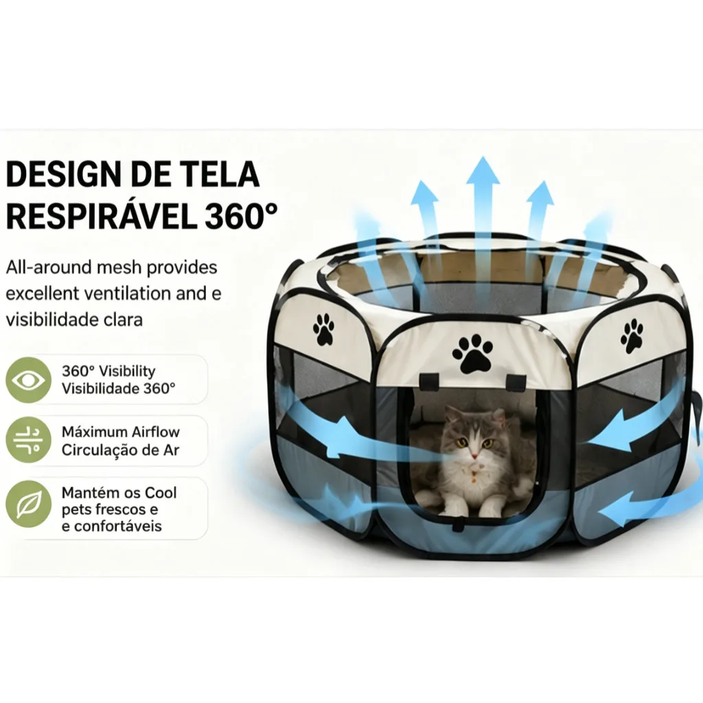 Playpen Tenda Octogonal para Pet Pequeno Cinza Dobrável Malha Transparente Respirável Gato Cão Viagem